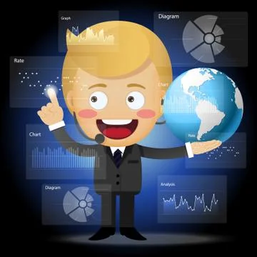 Happy businessman with globe working with data processing Stock Illustration