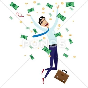 Happy businessman jumping with money Stock Illustration