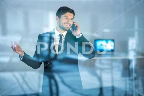 The happy businessman phone and gesture Stock Photos