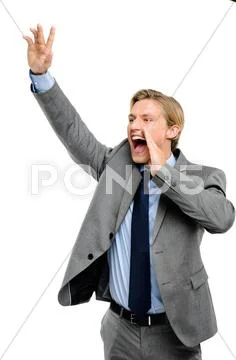 Happy businessman shouting isolated on white background Stock Photos