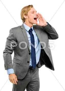 Happy businessman shouting isolated on white background Stock Photos
