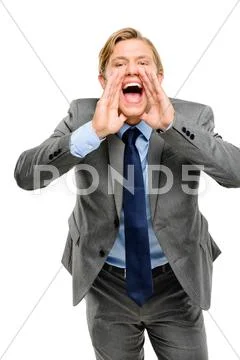 Happy businessman shouting isolated on white background Stock Photos