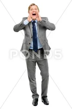 Happy businessman shouting isolated on white background Stock Photos