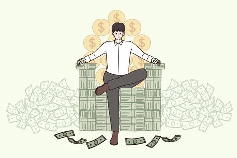 Happy businessman sit on chair stack of money Stock Illustration
