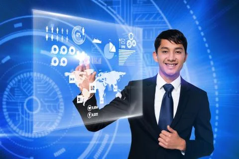 Happy businessman touching interface Illustrazione stock