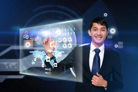 Happy businessman touching interface Stock Illustration
