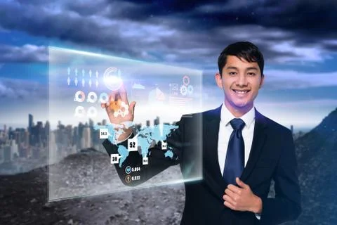 Happy businessman touching interface Stock Illustration