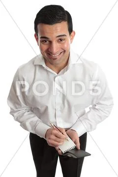 Happy businessman, waiter etc with pen and notepad Stock Photos