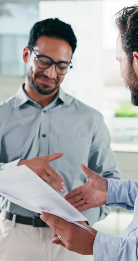 Happy, businessmen or handshake with documents for business deal, partnership or Stock Footage 333260014
