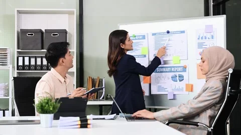 Happy businesspeople while collaborating on a new project in an office. Gro.. Stock Footage 312980850