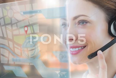 Happy call center employee looking at futuristic interface hologram Stock Illustration