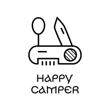 Happy Camper text and vector outline penknife logo Stock Illustration