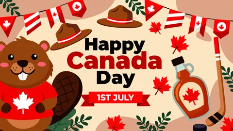 Happy Canada Day Celebration Background with Beaver, Maple Syrup and Canadia 動画素材 336000232
