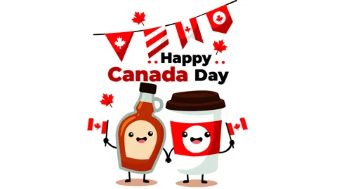 Happy Canada Day Celebration with Maple Syrup and Coffee Cup Characters 動画素材 335999852