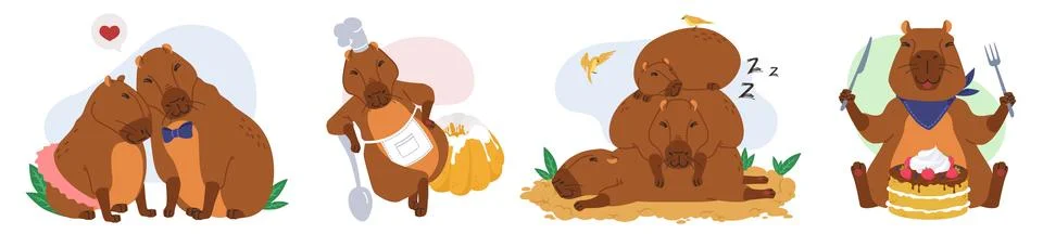 Happy capybara characters doing different things set 스톡 일러스트