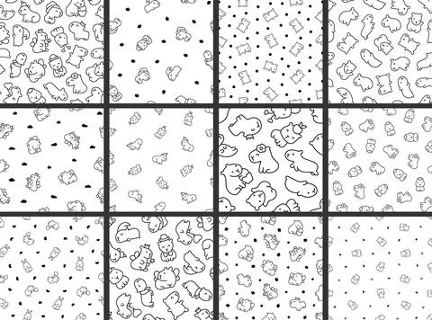 Happy capybara. Seamless pattern. Coloring Page. Stock Illustration