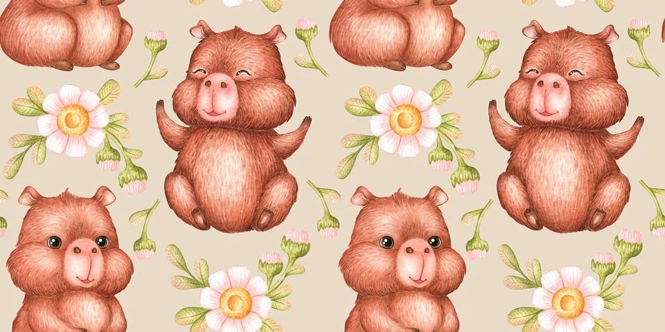 Happy capybaras with daisies pattern Stock Illustration