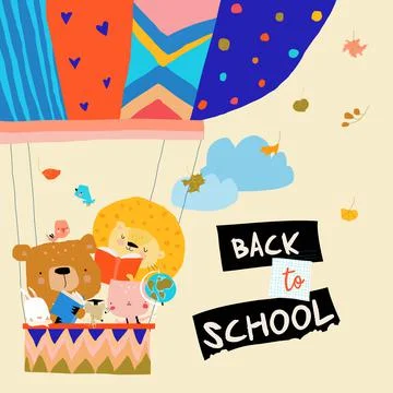 Happy Cartoon Animals flying to the School by Air Balloon Stock Illustration