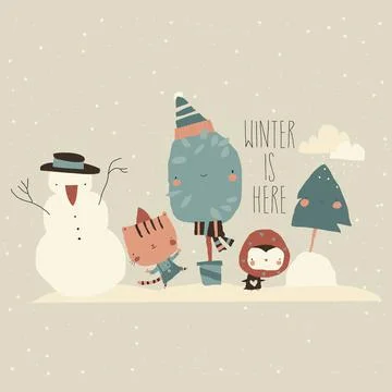 Happy Cartoon Animals meeting Winter Holidays. Vector illustration Stock Illustration