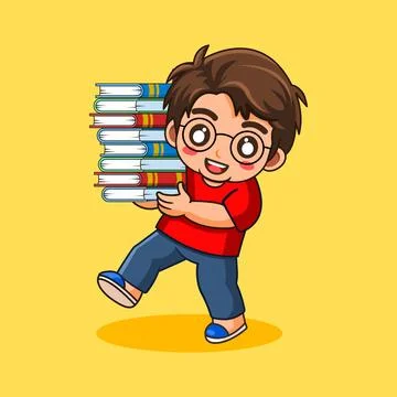 Happy Cartoon Boy Carrying a Stack of Books Stock-Illustration