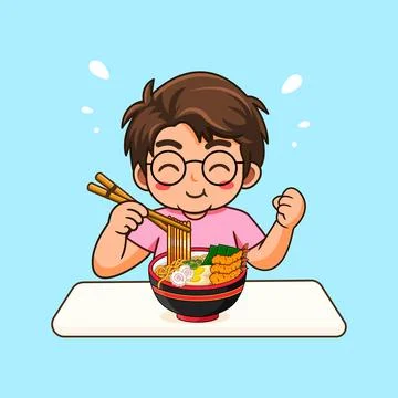 Happy Cartoon Boy Eating Ramen Noodles with Chopsticks Illustrazione stock