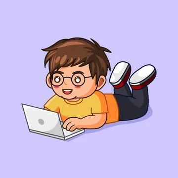 Happy Cartoon Boy Lying Down Using Laptop Stock-Illustration