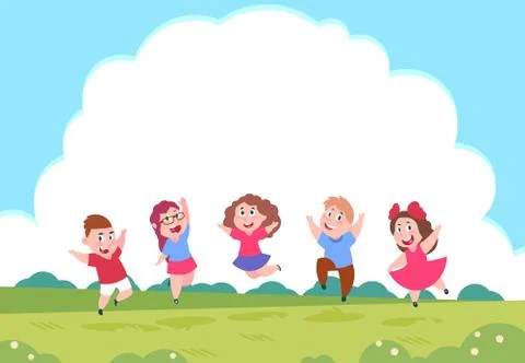 Happy cartoon children. Preschool playing kids on summer nature background with Stock Illustration