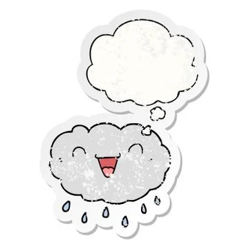 Happy cartoon cloud and thought bubble as a distressed worn sticker 스톡 일러스트