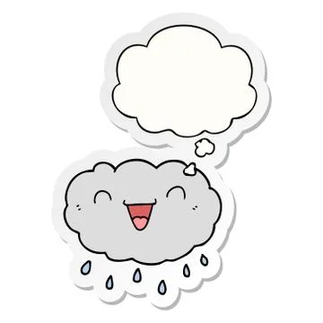 Happy cartoon cloud and thought bubble as a printed sticker Stock Illustration