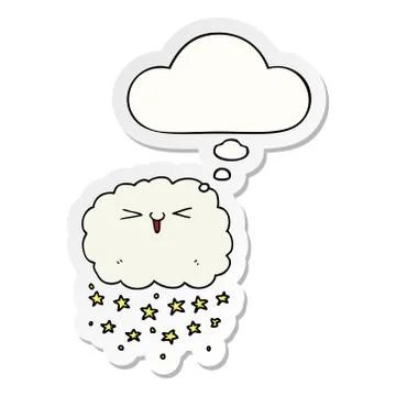 Happy cartoon cloud and thought bubble as a printed sticker 스톡 일러스트