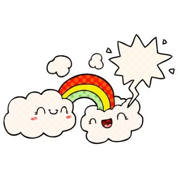 Happy cartoon clouds and rainbow and speech bubble in comic book style Stock Illustration