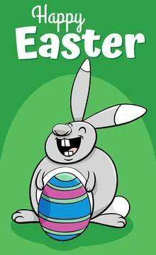 Happy cartoon Easter Bunny with big colored egg greeting card Stock Illustration