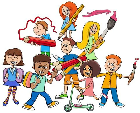 Happy cartoon elementary school students group Illustrazione stock