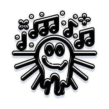 Happy cartoon ghost character celebrating with music notes Stock Illustration