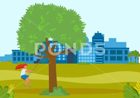 Happy cartoon girl rides rope swing on tree branch, playing in