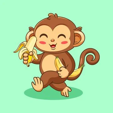 Happy Cartoon Monkey Walking while Enjoying Bananas Stock Illustration