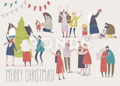 Happy cartoon people celebrate Christmas. Joyful emotions Stock Illustration