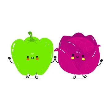 Happy cartoon pepper and cabbage holding hands Stock Illustration