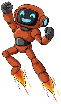 Happy Cartoon Robot Flying with Jetpack Flames Stock Illustration