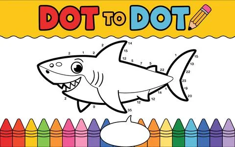 Happy cartoon shark dot to dot activity page with crayons Stock Illustration