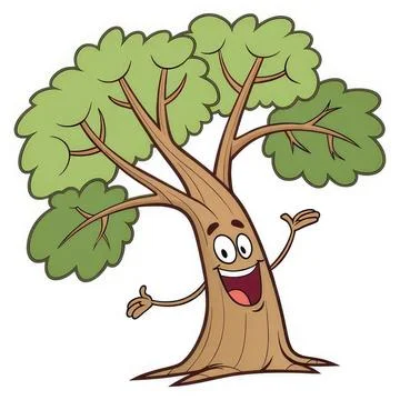 Happy cartoon tree with smiling face and open arms Stock Illustration