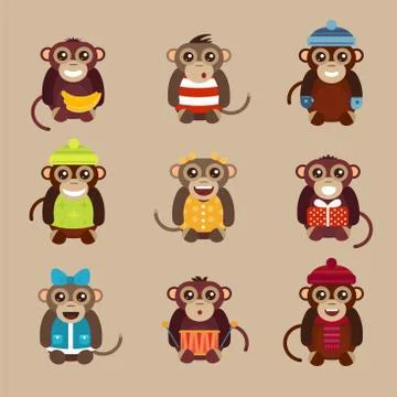 Happy cartoon vector monkey flat Stock Illustration