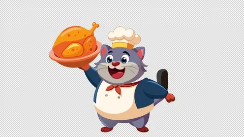 Happy Cat Chef Holding Roasted Chicken Vidéo 343702738