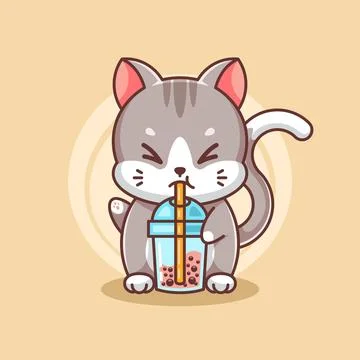 Happy cat drinking bubble milk tea Stock Illustration
