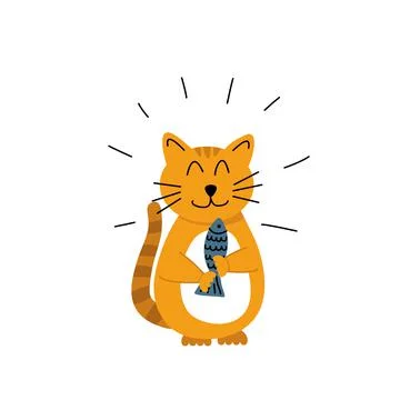 Happy cat with fish. Kitten. Flat, cartoon, vector Stock Illustration