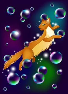 Happy cat flying in the soap bubbles. Vector Illustartion Stock Illustration