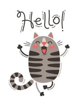 A happy cat greets you Hello. Vector illustration in cartoon style Stock Illustration
