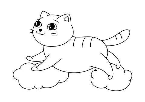 Happy cat jumping on clouds. Cartoon illustration of cute kitten pet. Stock Illustration