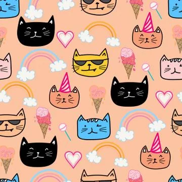 Happy cat seamless pattern background. Vector illustration. Stock Illustration