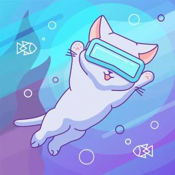 Happy cat with vr headset in virtual reality ocean Illustrazione stock